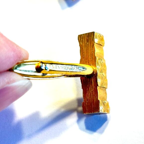 Gold cufflinks mod brutalist mid century textured rectangle bars vintage signed - Picture 4 of 7